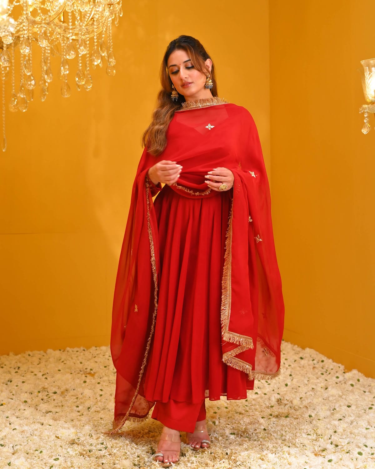 Women's Crimson Red Flared Anarkali Suit with Dupatta