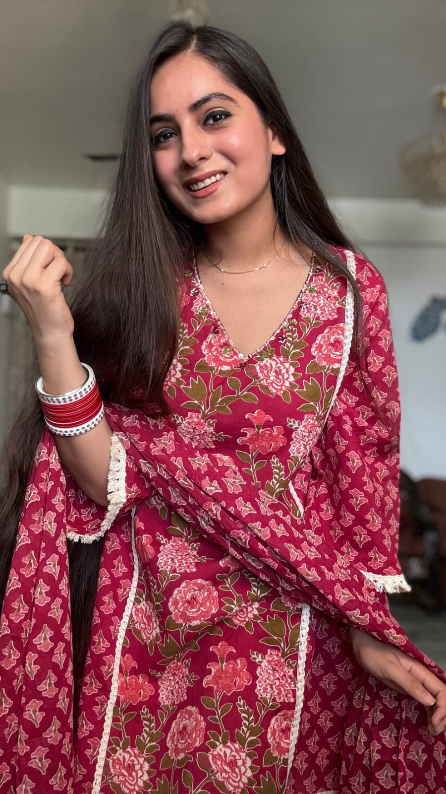 Women's Raspberry Pink Floral Print Short Kurta Set with Lace Trim