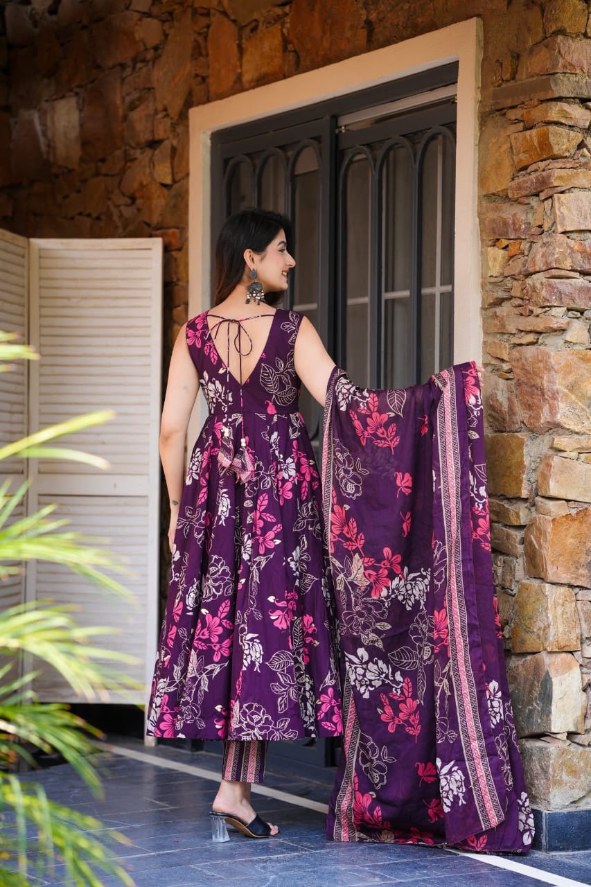 Women's Deep Purple Floral Print Flared Kurta Set with Dupatta