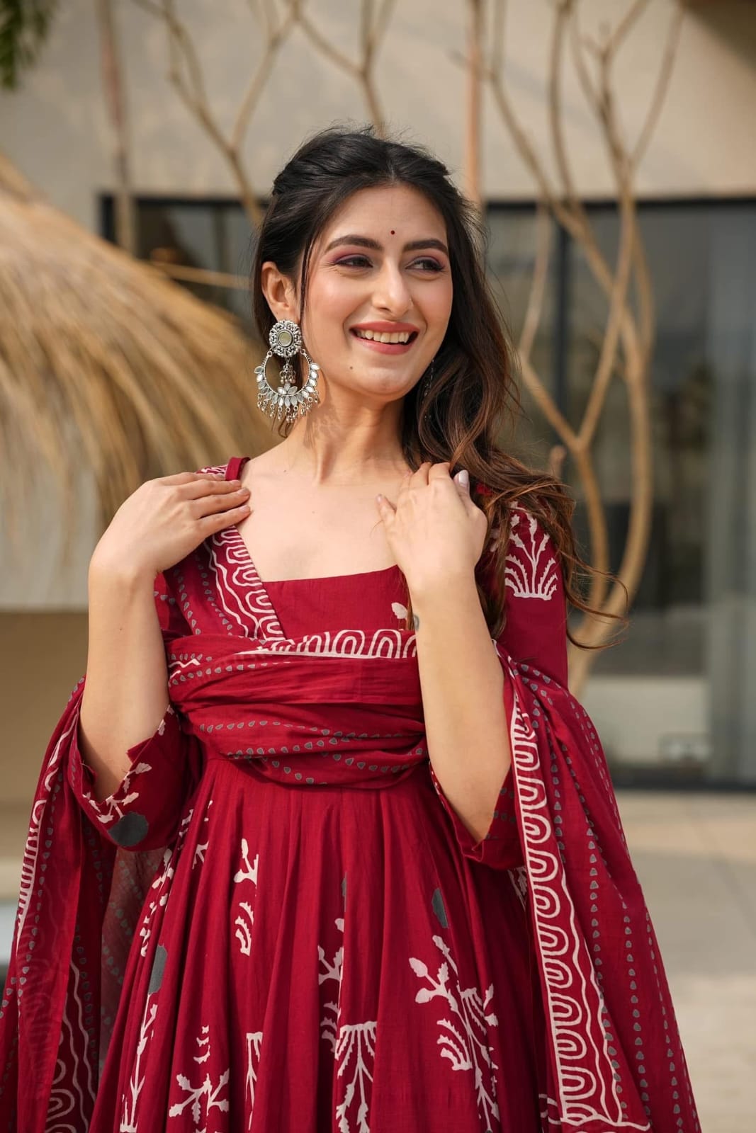 Women's Maroon Botanical Block Print Flared Kurta Set with Dupatta