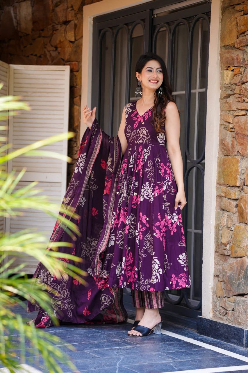 Women's Deep Purple Floral Print Flared Kurta Set with Dupatta