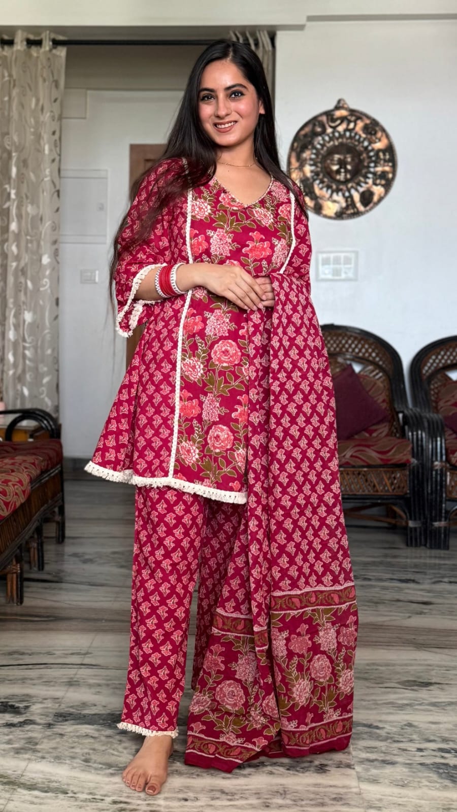 Women's Raspberry Pink Floral Print Short Kurta Set with Lace Trim
