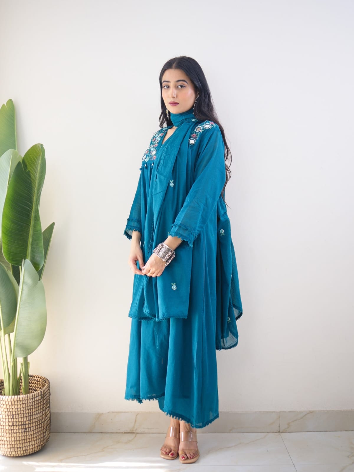 Women's Teal Blue Mirror-Work Gathered Kurta Set with Dupatta