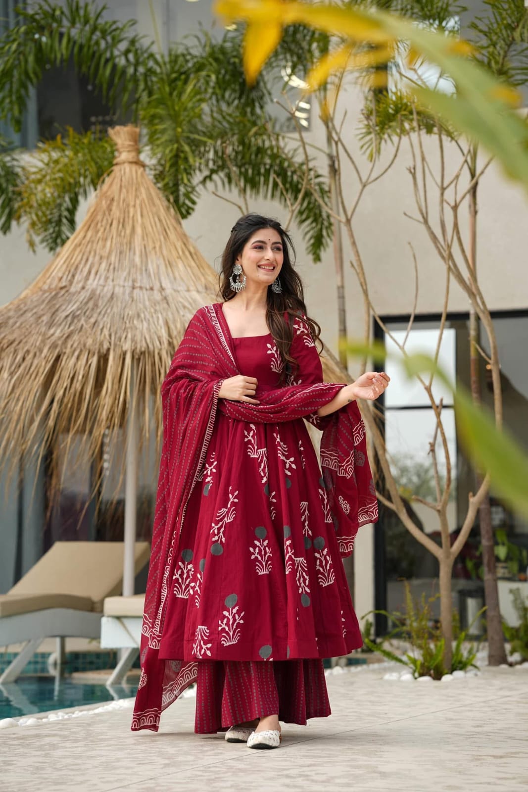 Women's Maroon Botanical Block Print Flared Kurta Set with Dupatta
