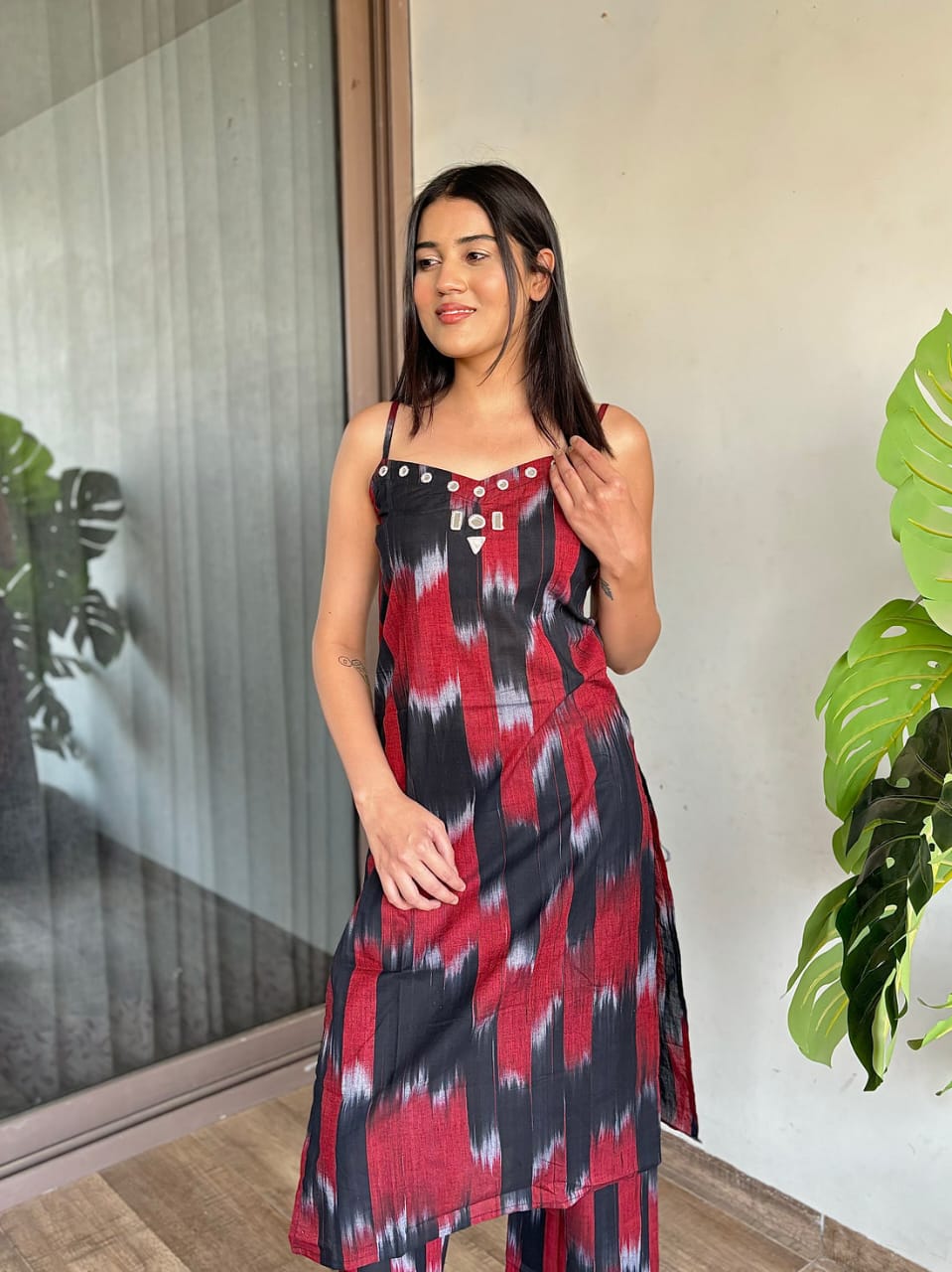 Women's Red and Black Ikat Print Strappy Kurta Set with Mirror Work