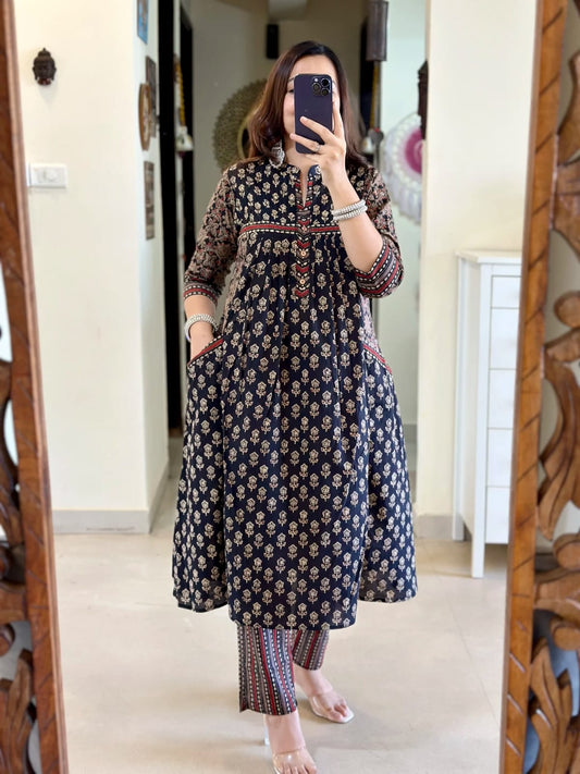 Women's Navy Floral Block Print Flared Kurta Set with Dupatta
