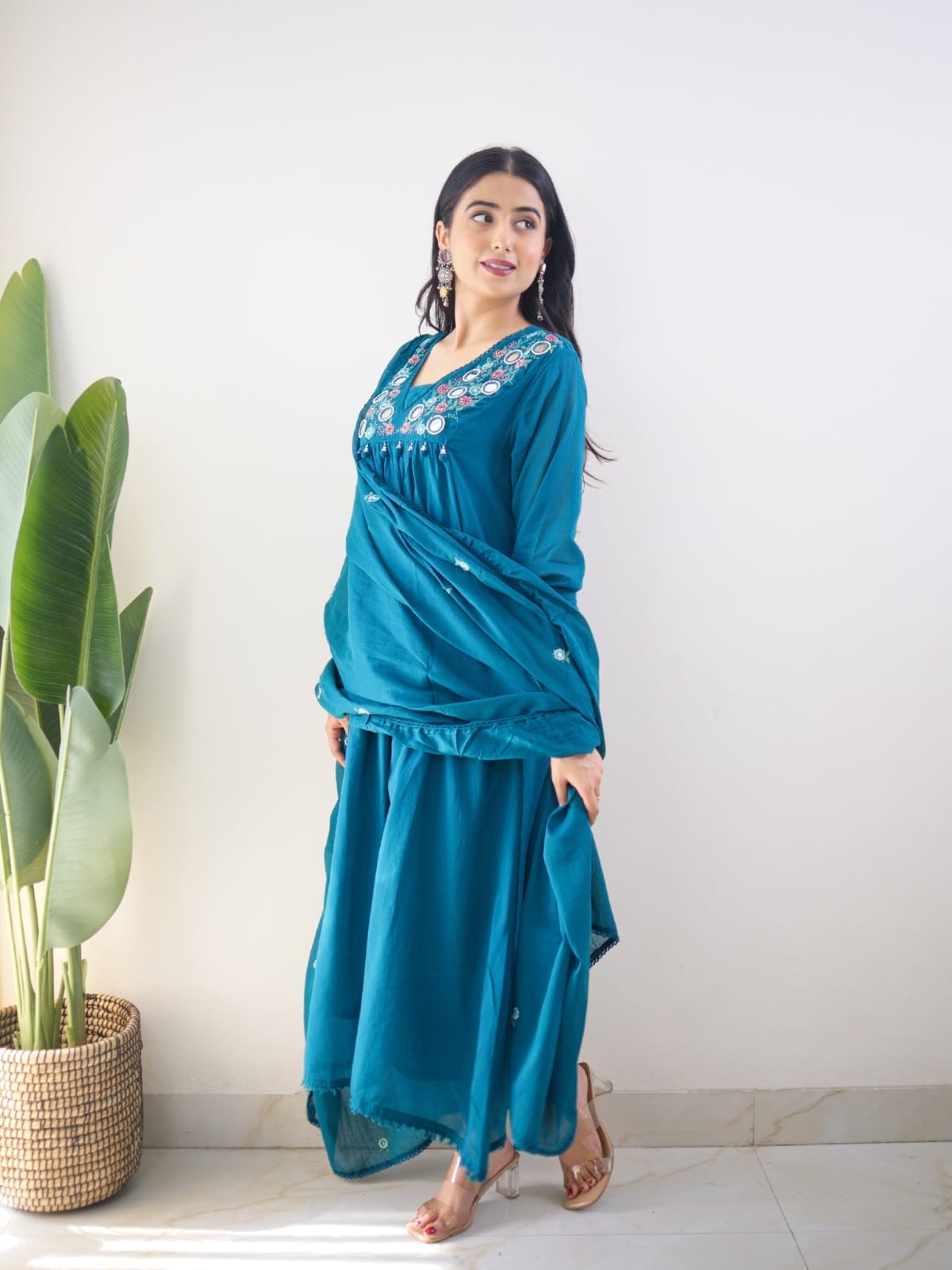 Women's Teal Blue Mirror-Work Gathered Kurta Set with Dupatta