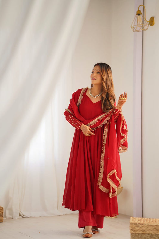 Women's Crimson Red Flared Anarkali Kurta Set with Gold-Fringed Dupatta