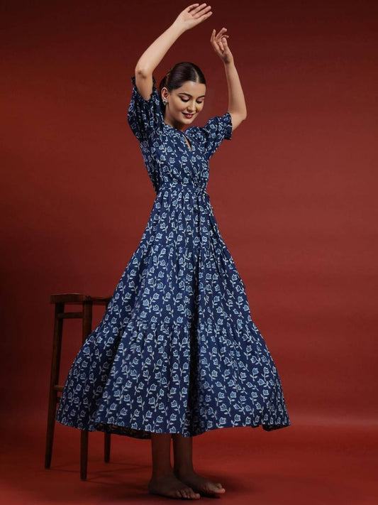 Women's Navy Blue Floral Print Tiered Maxi Dress