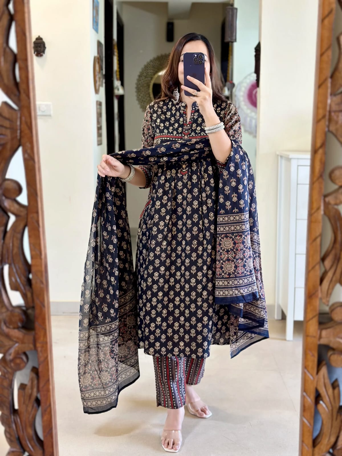 Women's Navy Floral Block Print Flared Kurta Set with Dupatta