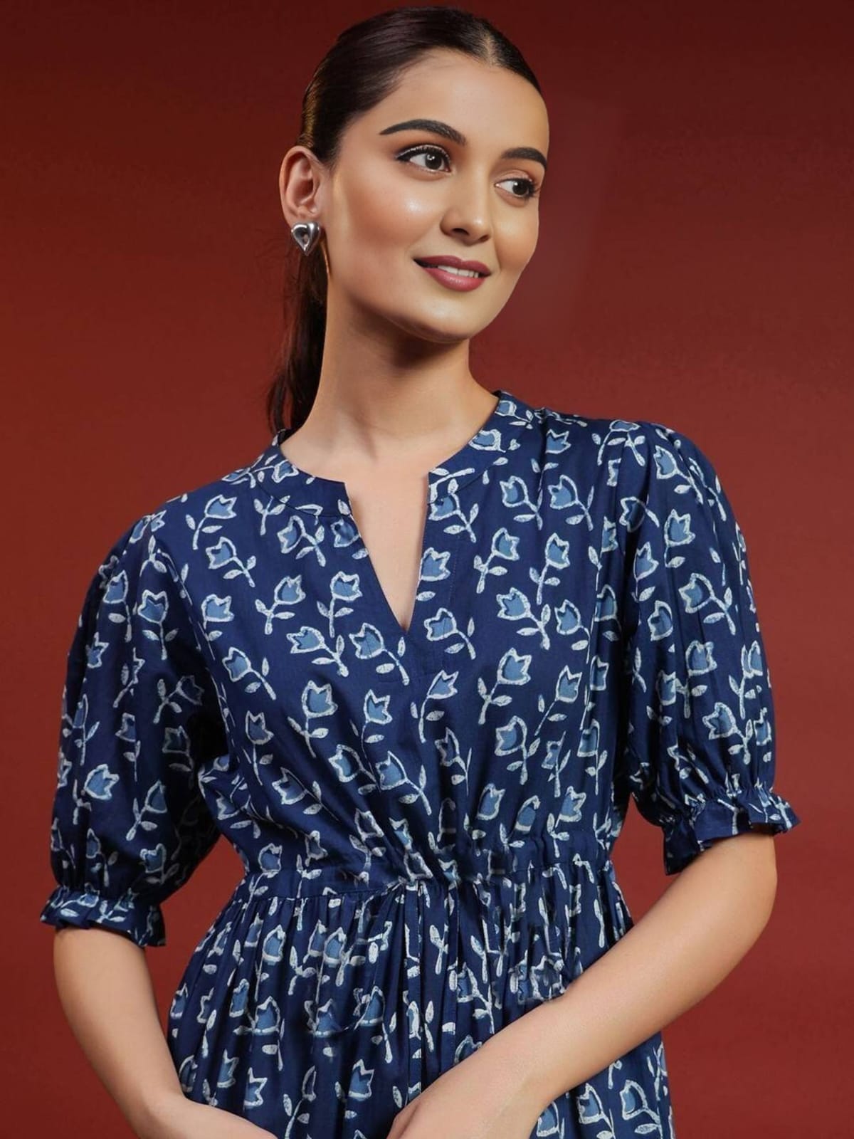 Women's Navy Blue Floral Print Tiered Maxi Dress