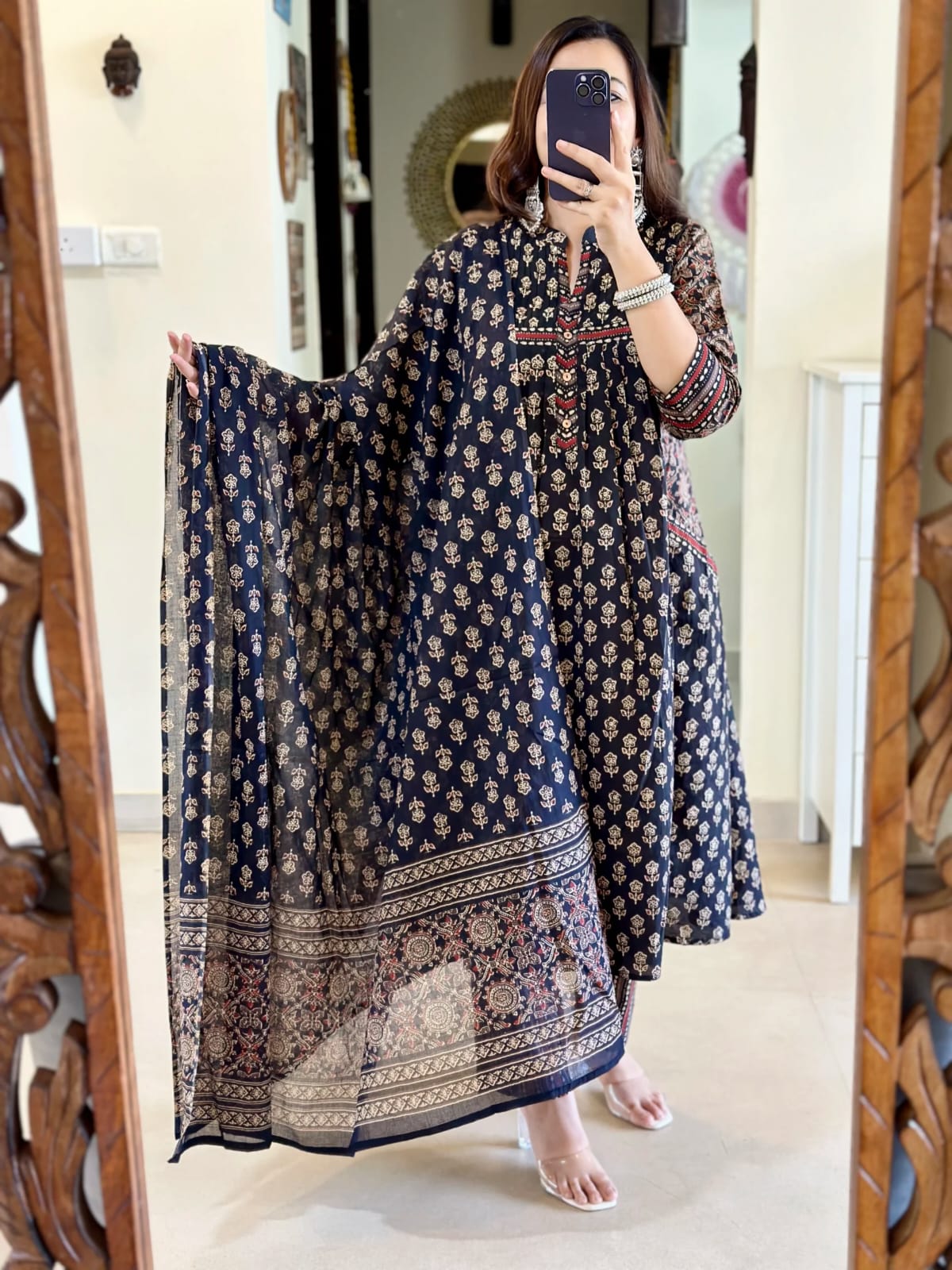Women's Navy Floral Block Print Flared Kurta Set with Dupatta