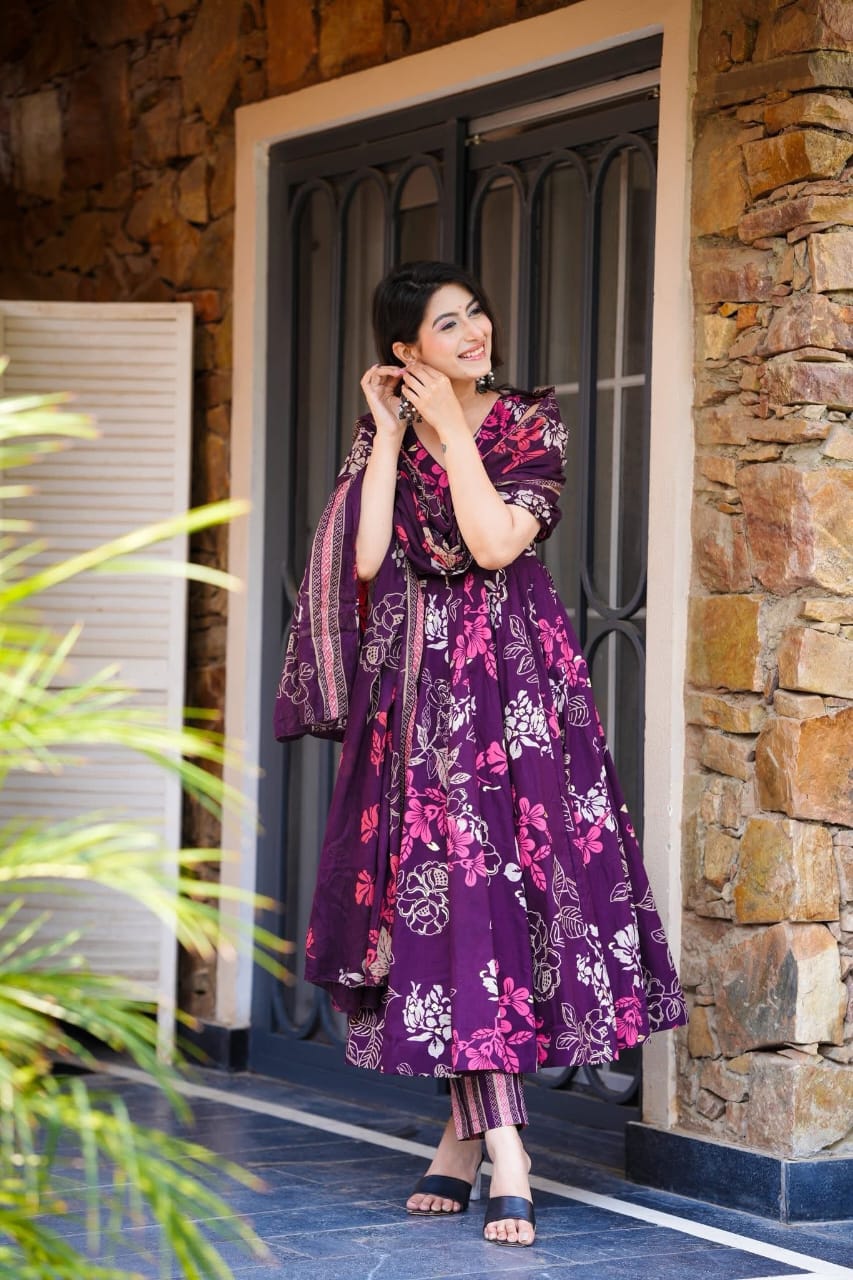 Women's Deep Purple Floral Print Flared Kurta Set with Dupatta