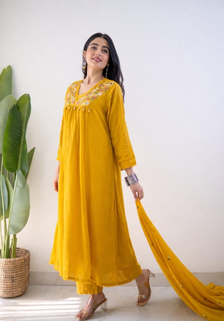 Mustard Yellow Floral Embroidered Flared Kurta Set with Dupatta
