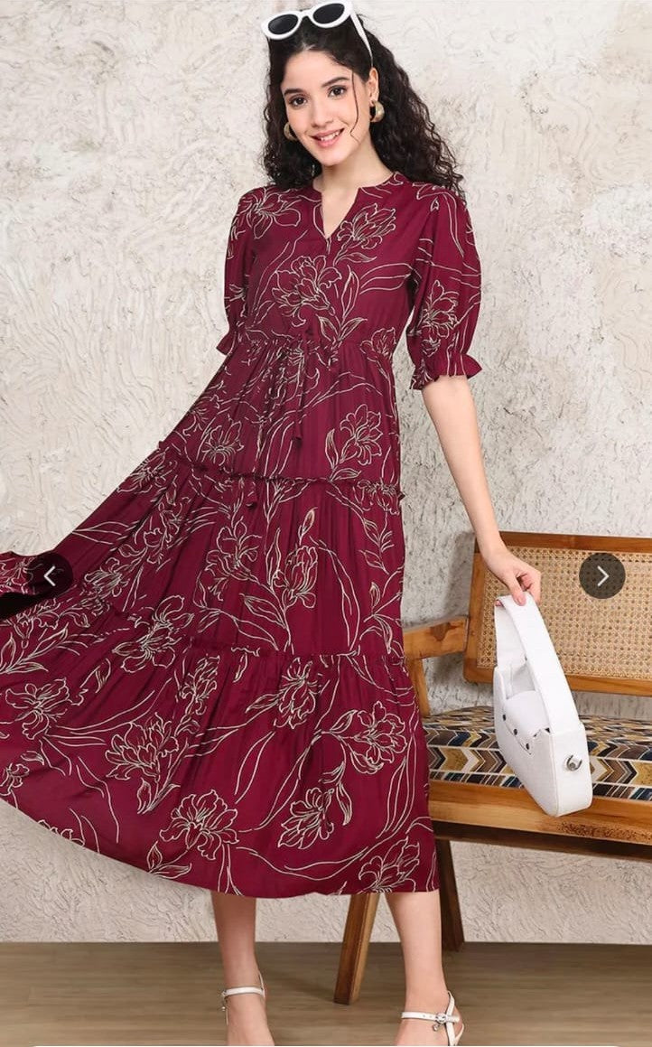 Women's Wine Maroon Floral Print Tiered Midi Dress with Ruffle Sleeves