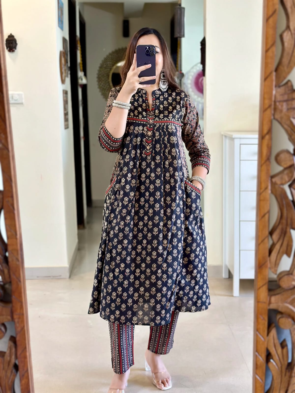 Women's Navy Floral Block Print Flared Kurta Set with Dupatta