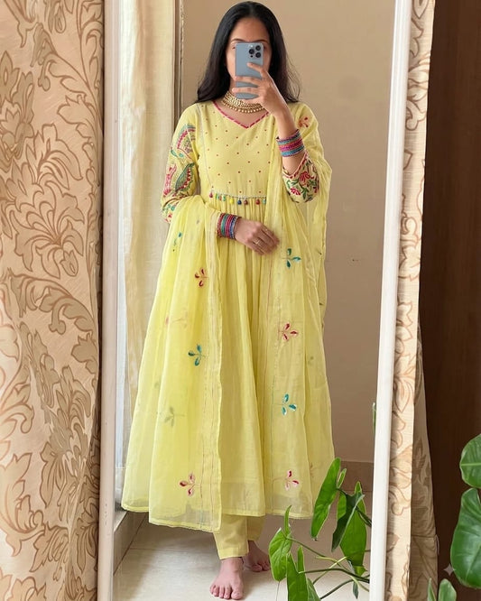 Women's Lemon Yellow Gathered Anarkali Suit with Embroidered Sleeves and Dupatta