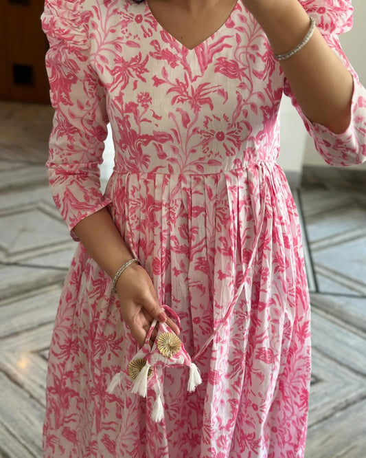 Women's White and Pink Floral Print Gathered Midi Dress with Ruffle Shoulders