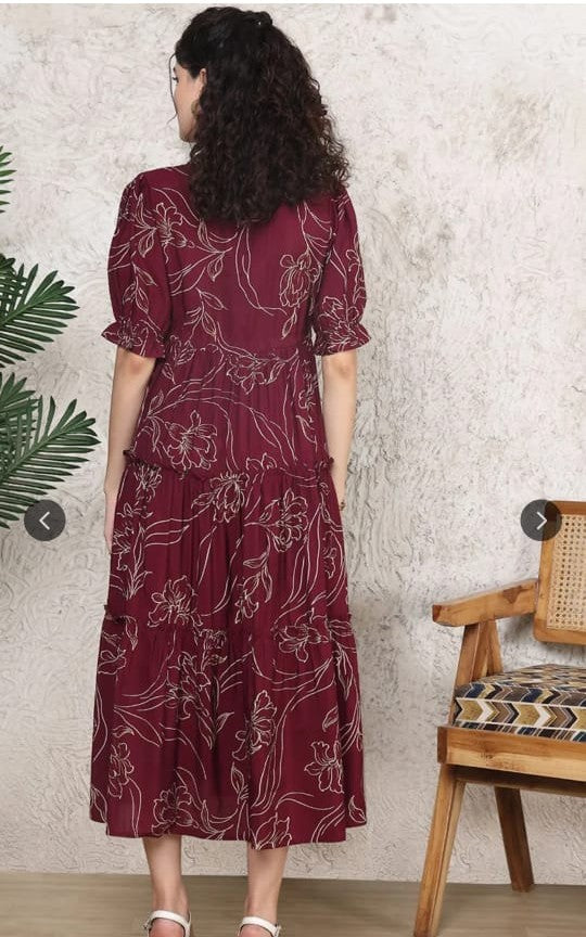 Women's Wine Maroon Floral Print Tiered Midi Dress with Ruffle Sleeves
