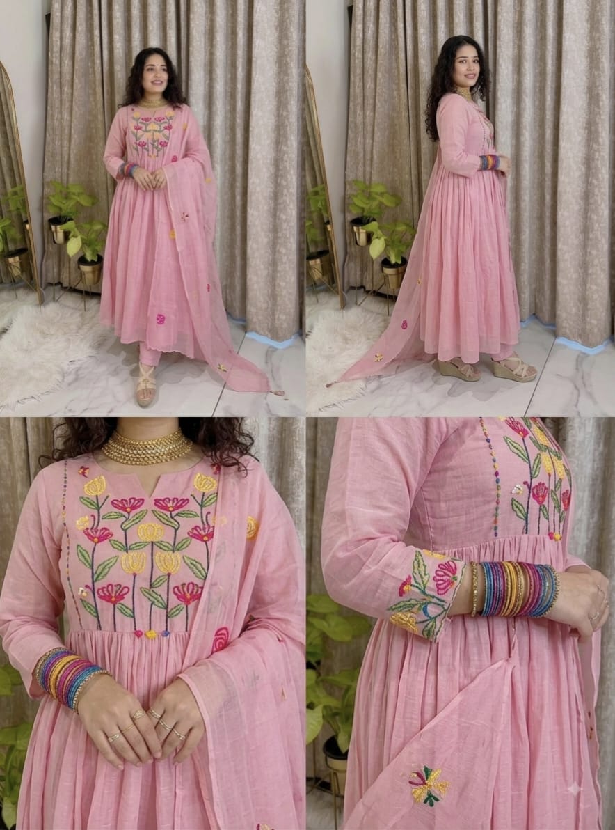 Women's Light Pink Floral Embroidered Gathered Anarkali Suit with Dupatta